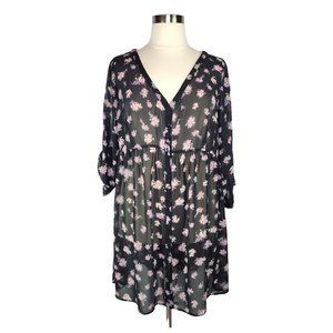 TORRID Button Front Mini-Dress Multi on Black Floral Sheer Chiffon Fabric 3X